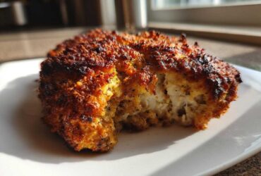 Close-up of a piece of Parmesan Baked Caesar Chicken showing a golden, crispy crust and moist white interior.