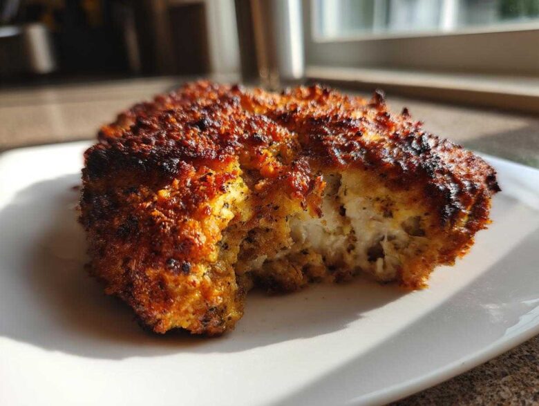 Close-up of a piece of Parmesan Baked Caesar Chicken showing a golden, crispy crust and moist white interior.