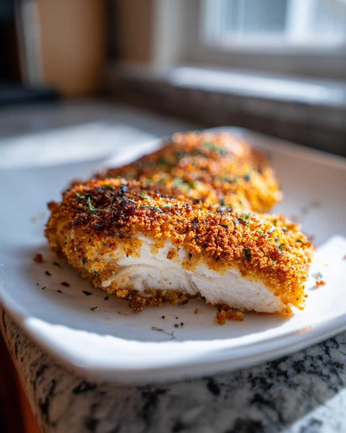 Close-up of a Parmesan Baked Caesar Chicken breast, showing the crispy, golden-brown crust and juicy white interior.