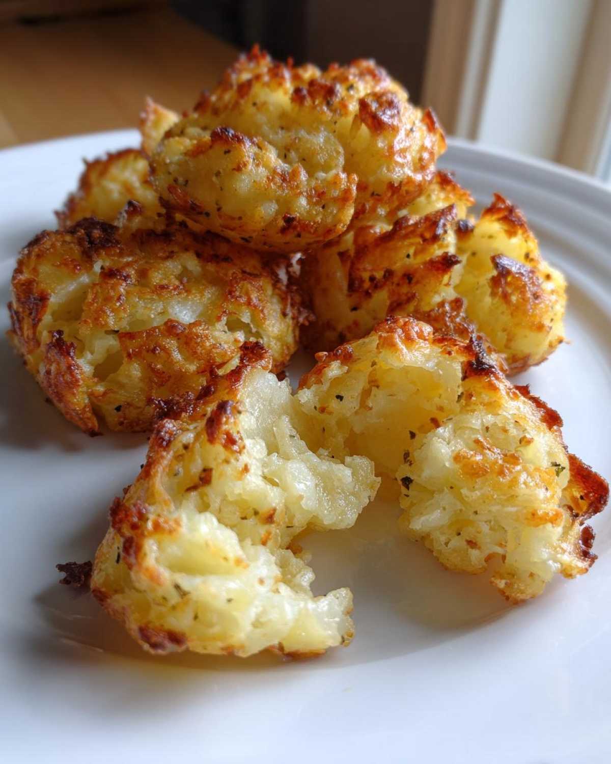 A pile of golden brown, crispy Parmesan crusted smashed potatoes on a white plate, one broken open.