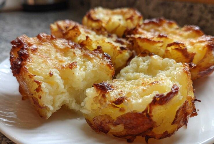 Close-up of several golden brown Parmesan Crusted Smashed Potatoes served on a white plate.