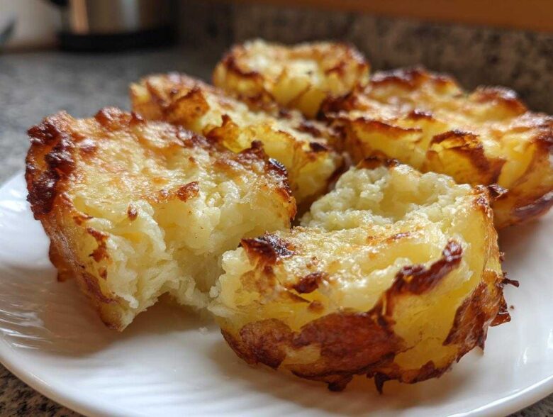 Close-up of several golden brown Parmesan Crusted Smashed Potatoes served on a white plate.
