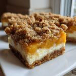 Close-up of a layered Peach Cobbler Cheesecake Bars slice showing a graham cracker crust, cheesecake layer, peach topping, and crumble.