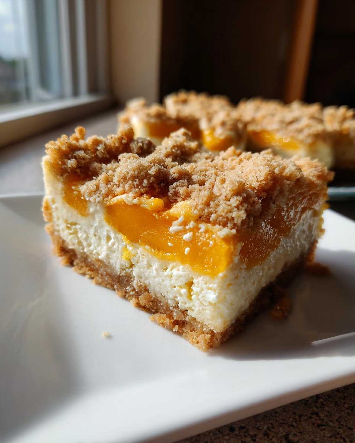 A close-up, sunlit view of a single serving of Peach Cobbler Cheesecake Bars on a white plate.