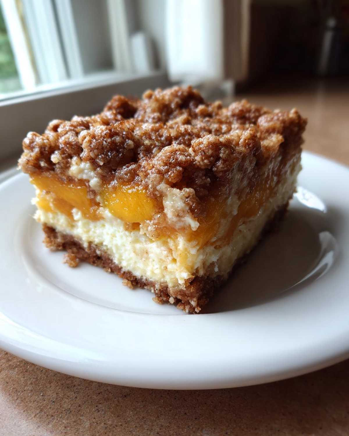 A square serving of Peach Cobbler Cheesecake Bars with a crumb topping, on a white plate.