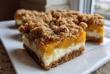 Close-up of a layered Peach Cobbler Cheesecake Bars slice showing a graham cracker crust, cheesecake layer, peach topping, and crumble.