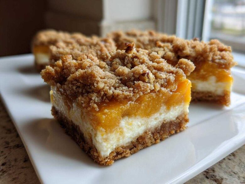 Close-up of a layered Peach Cobbler Cheesecake Bars slice showing a graham cracker crust, cheesecake layer, peach topping, and crumble.