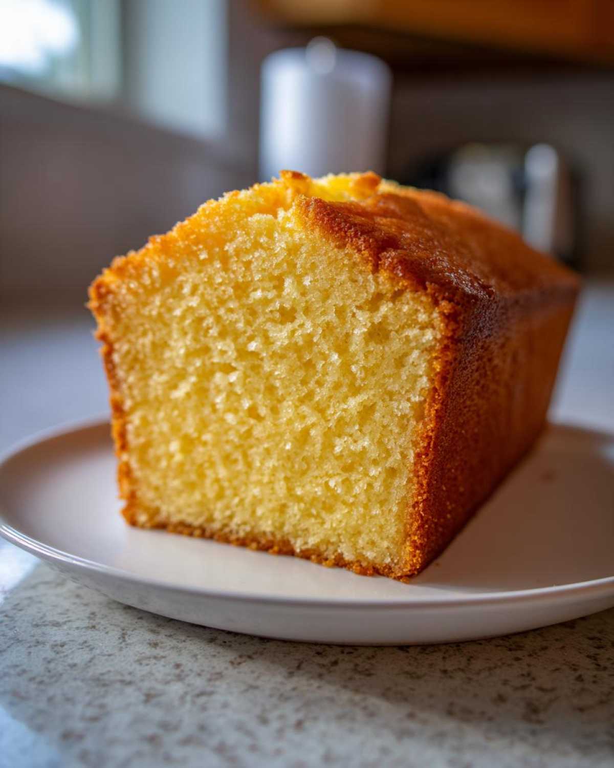 A close-up of a freshly baked, golden pound cake loaf, showing its dense, moist crumb structure.