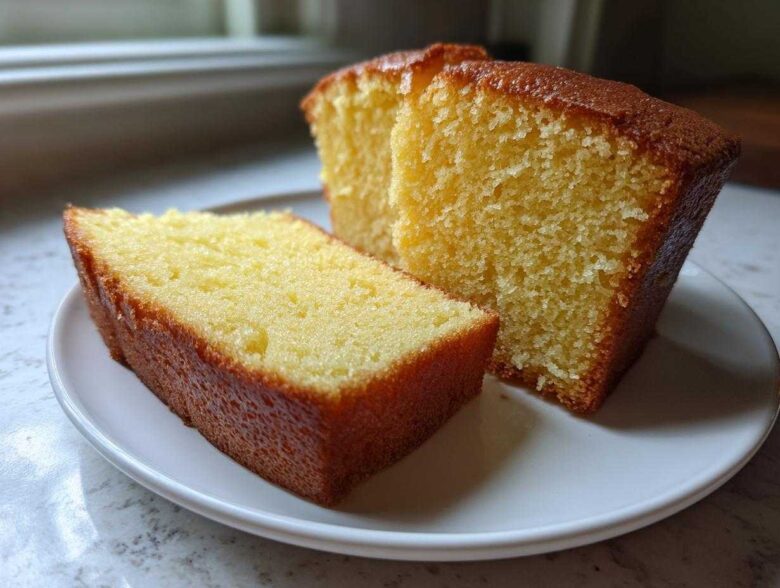 Two slices of moist, golden pound cake resting on a white plate, showcasing the dense crumb texture.