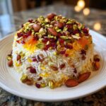 A mound of Persian Jeweled Rice Shirin Polo, beautifully garnished with pistachios, almonds, and dried cranberries.