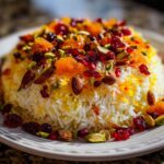 A beautiful mound of Persian Jeweled Rice Shirin Polo topped with almonds, pistachios, dried cranberries, and orange peel.