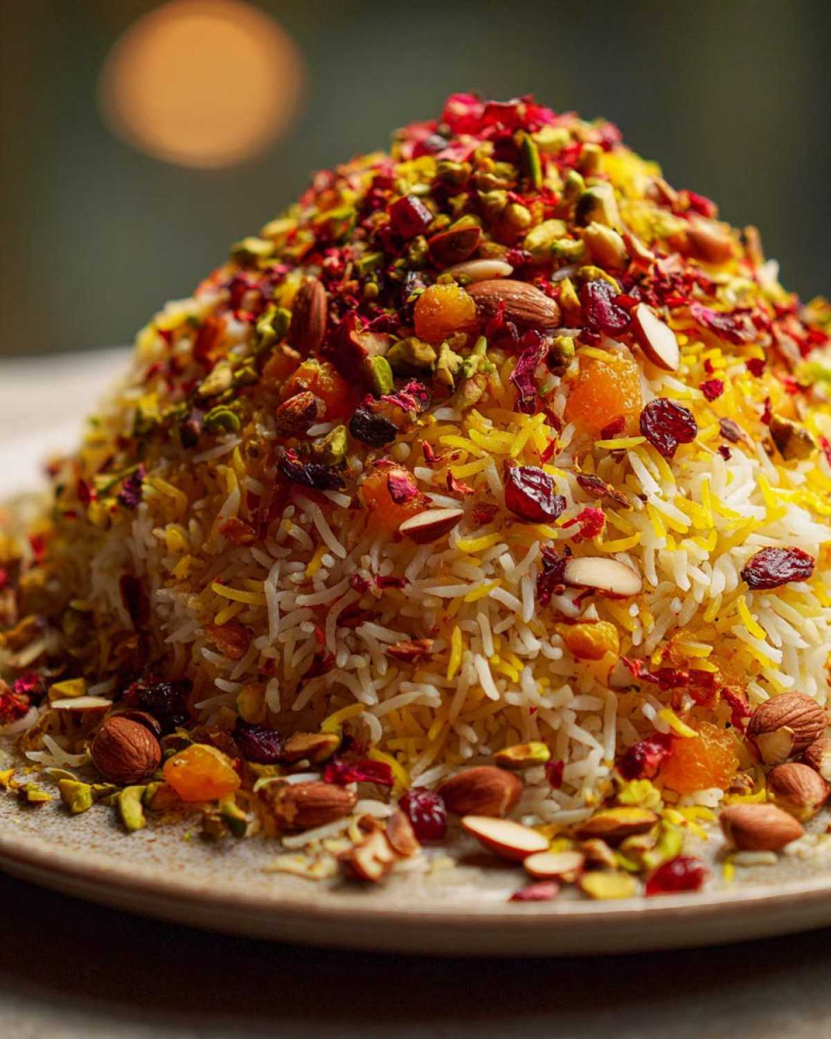 A beautifully mounded serving of Persian Jeweled Rice Shirin Polo, topped generously with pistachios, almonds, dried fruit, and rose petals.