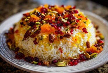 A beautiful mound of Persian Jeweled Rice Shirin Polo topped with almonds, pistachios, dried cranberries, and orange peel.