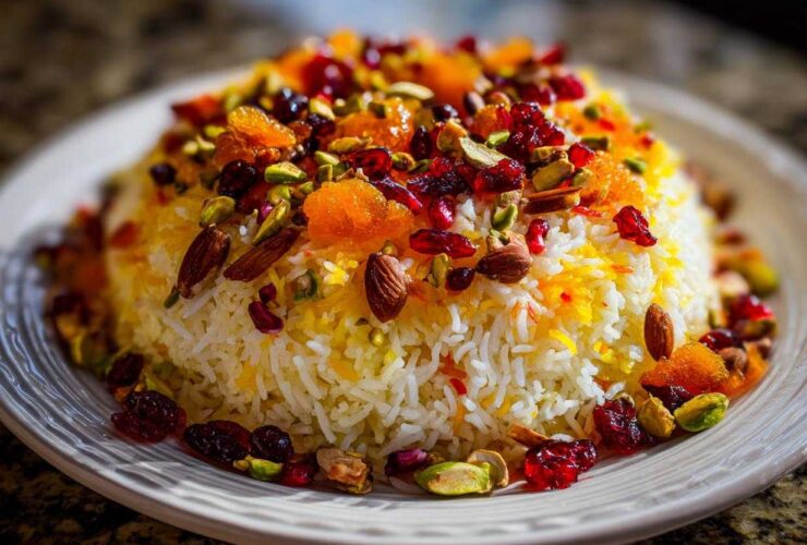A beautiful mound of Persian Jeweled Rice Shirin Polo topped with almonds, pistachios, dried cranberries, and orange peel.