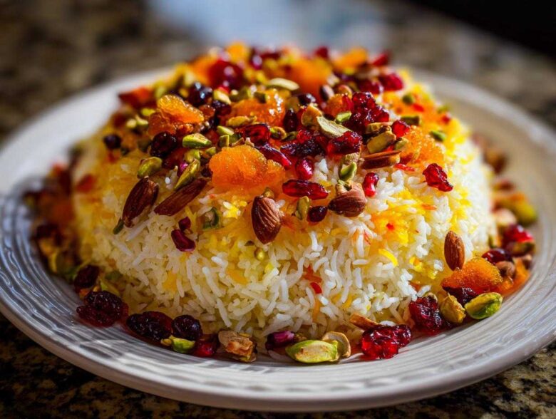 A beautiful mound of Persian Jeweled Rice Shirin Polo topped with almonds, pistachios, dried cranberries, and orange peel.