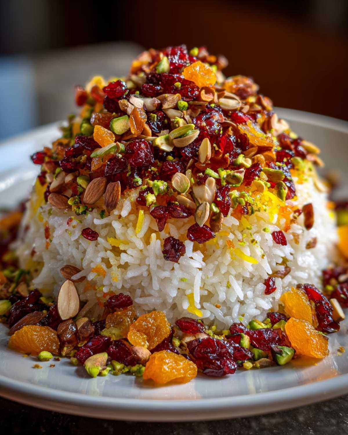 Close-up of fluffy white Persian Jeweled Rice Shirin Polo topped generously with dried fruits and nuts.