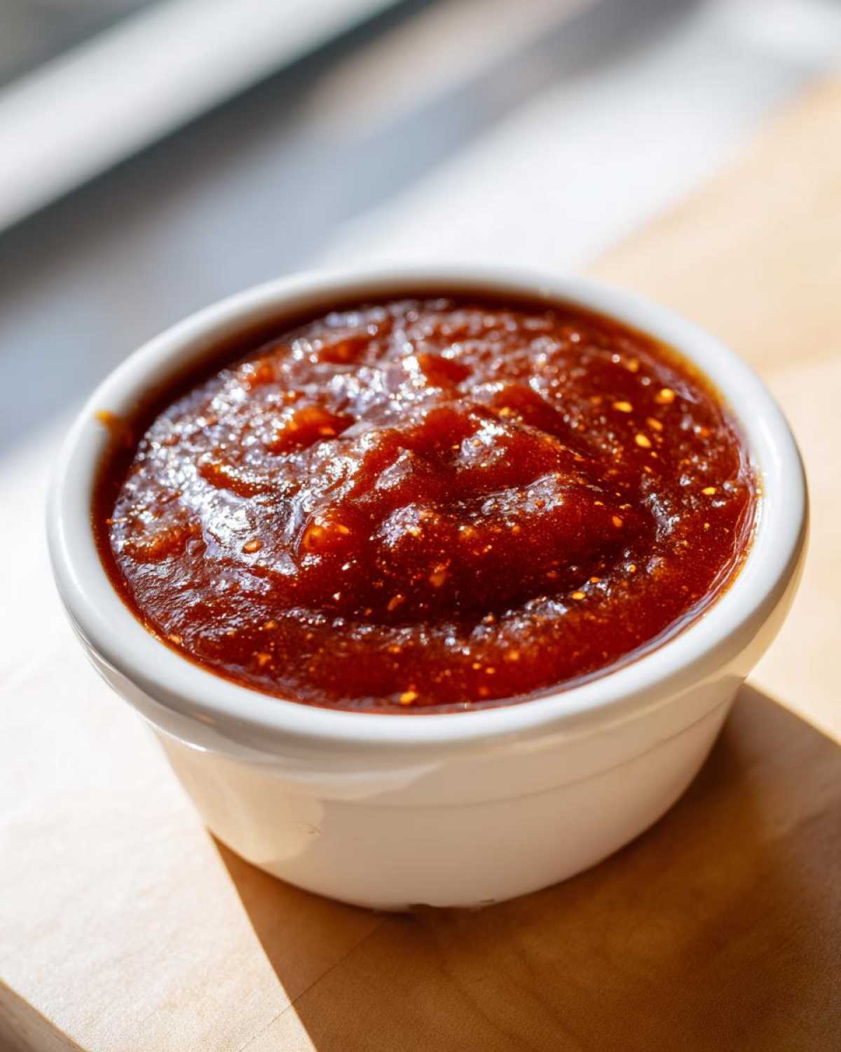Close-up of thick, dark red Pineapple Jalapeno Bourbon BBQ Sauce in a small white bowl.