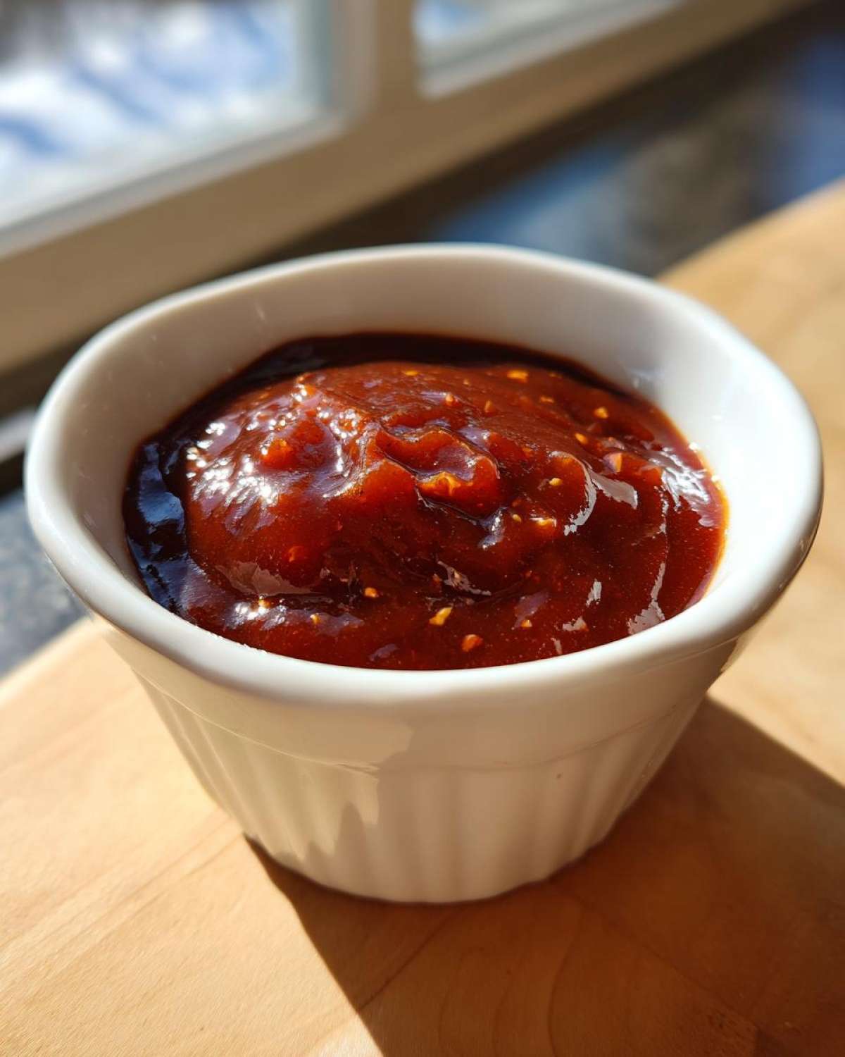 Close-up of thick, glossy Pineapple Jalapeno Bourbon BBQ Sauce served in a small white ramekin.