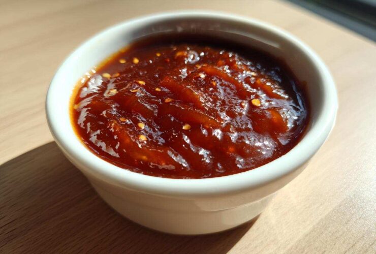 A small white ramekin filled with thick, glossy Pineapple Jalapeno Bourbon BBQ Sauce, showing visible chili flakes.