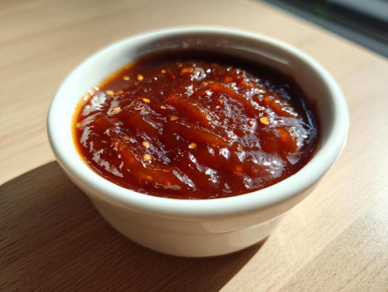 A small white ramekin filled with thick, glossy Pineapple Jalapeno Bourbon BBQ Sauce, showing visible chili flakes.