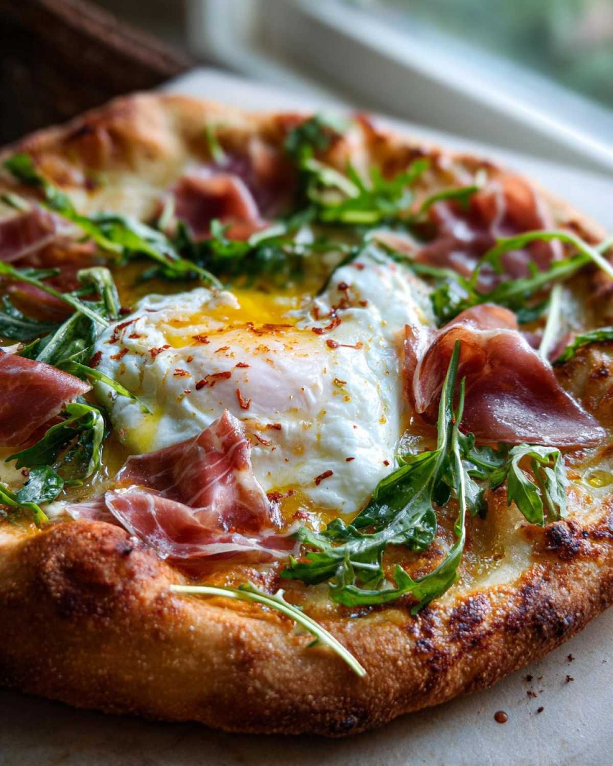 A close-up of a freshly baked Prosciutto Honey Burrata Pizza topped with a runny fried egg and fresh arugula.