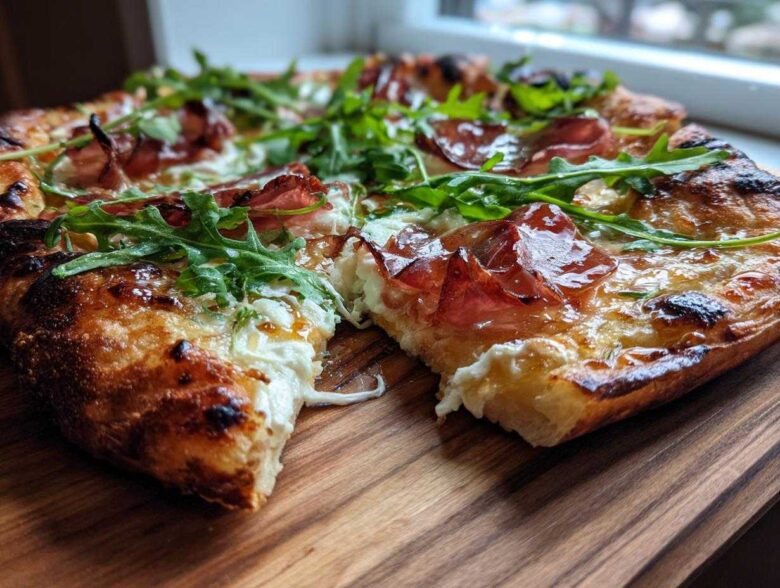 A close-up view of a slice of Prosciutto Honey Burrata Pizza showing melted burrata, prosciutto, and fresh arugula.