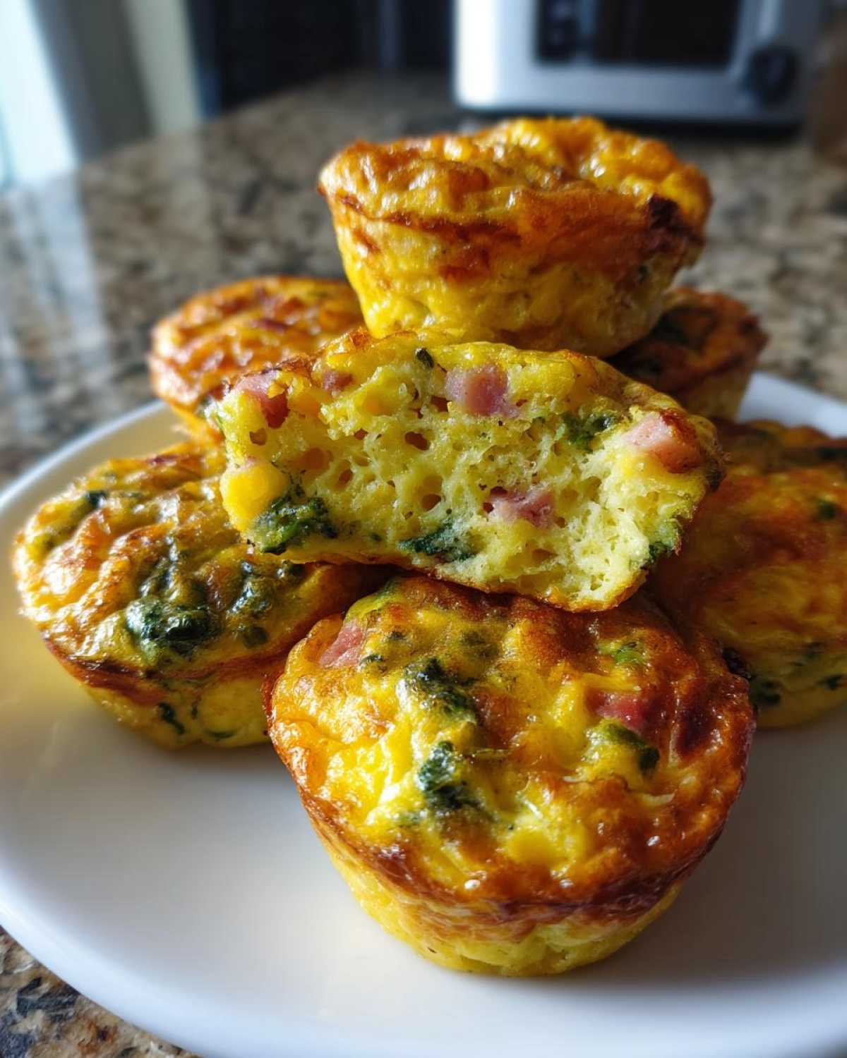 A stack of fluffy Protein Egg Bites, one cut in half showing ham and spinach inside.