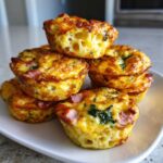 A stack of fluffy Protein Egg Bites with visible ham and spinach pieces, perfectly golden brown.