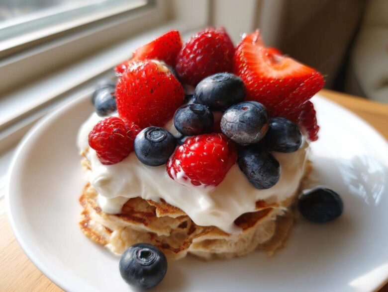 Close-up of a stack of Protein Pancake Bowls with Yogurt and Berries, topped with fresh strawberries, blueberries, and raspberries.