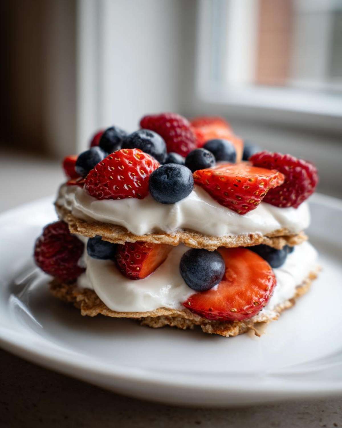 A layered stack of Protein Pancake Bowls with Yogurt and Berries, topped with fresh strawberries, blueberries, and raspberries.