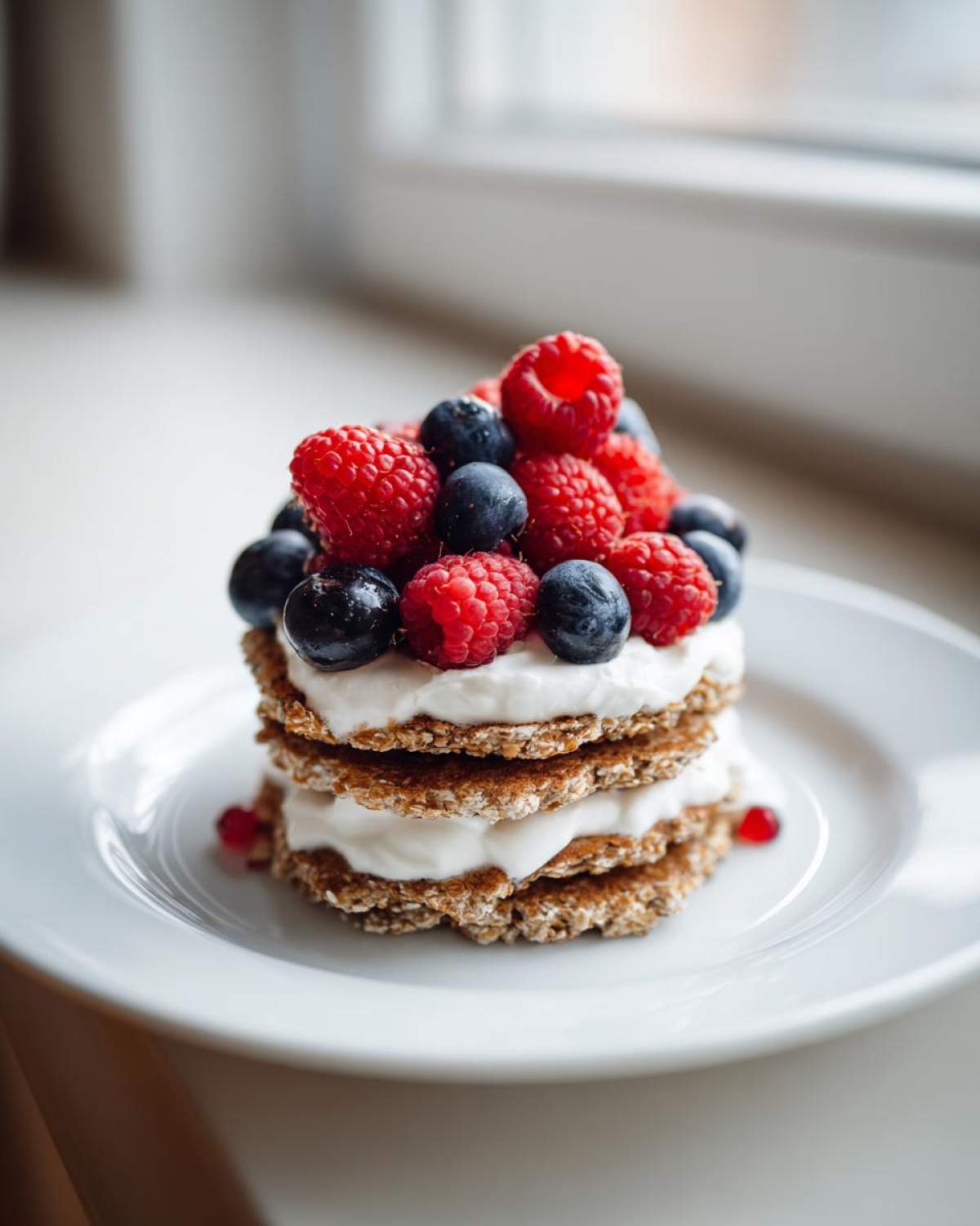 A stack of three small protein pancake bowls layered with white yogurt and topped generously with fresh raspberries and blueberries.