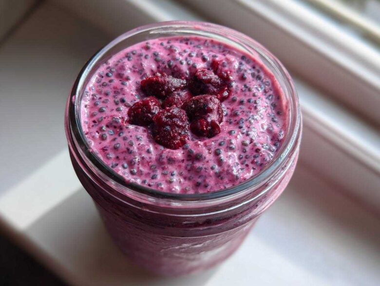 Overhead view of vibrant pink Raspberry Chia Seed Pudding topped with whole raspberries in a glass jar.