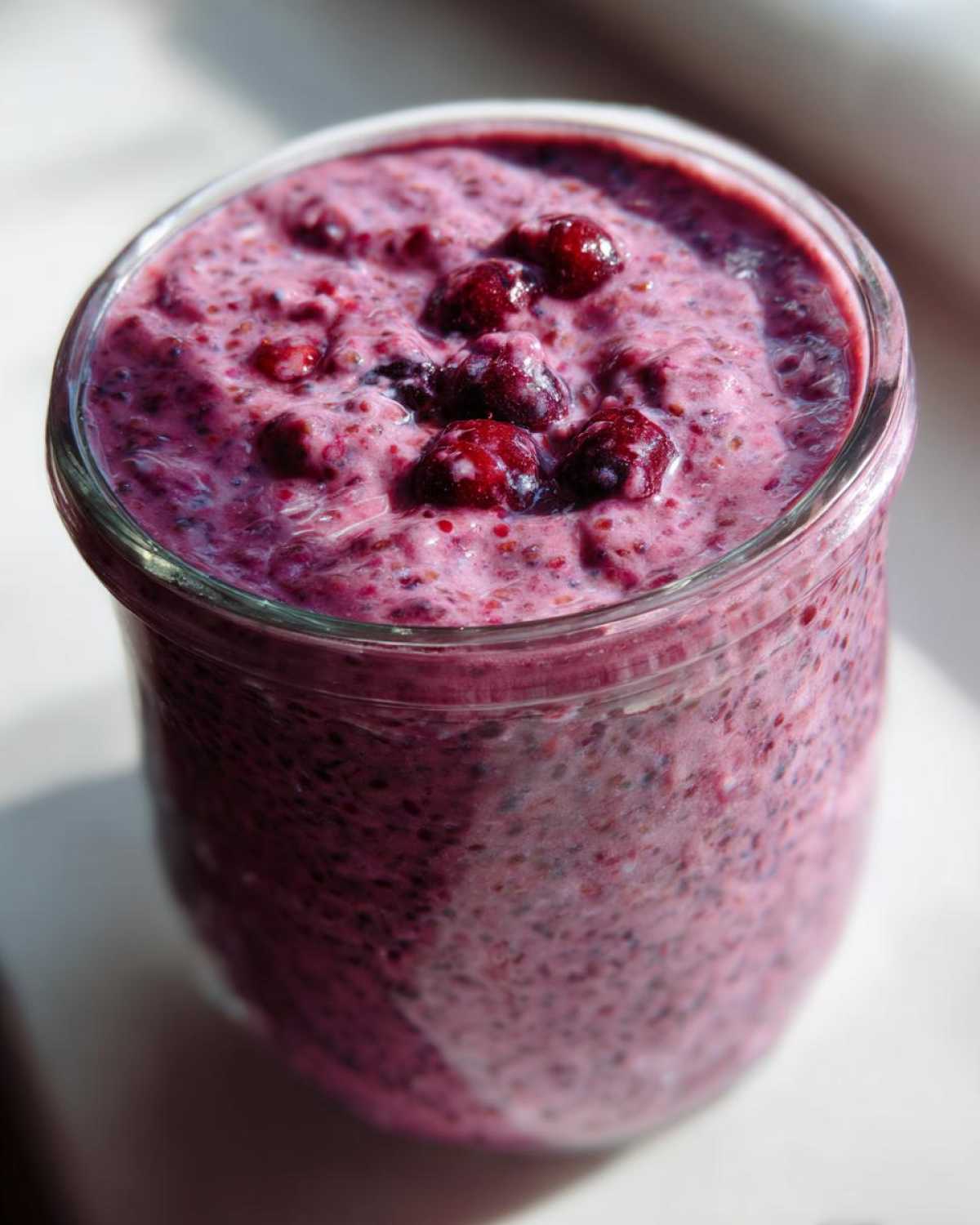 A close-up view of vibrant purple Raspberry Chia Seed Pudding topped with whole raspberries in a glass jar.