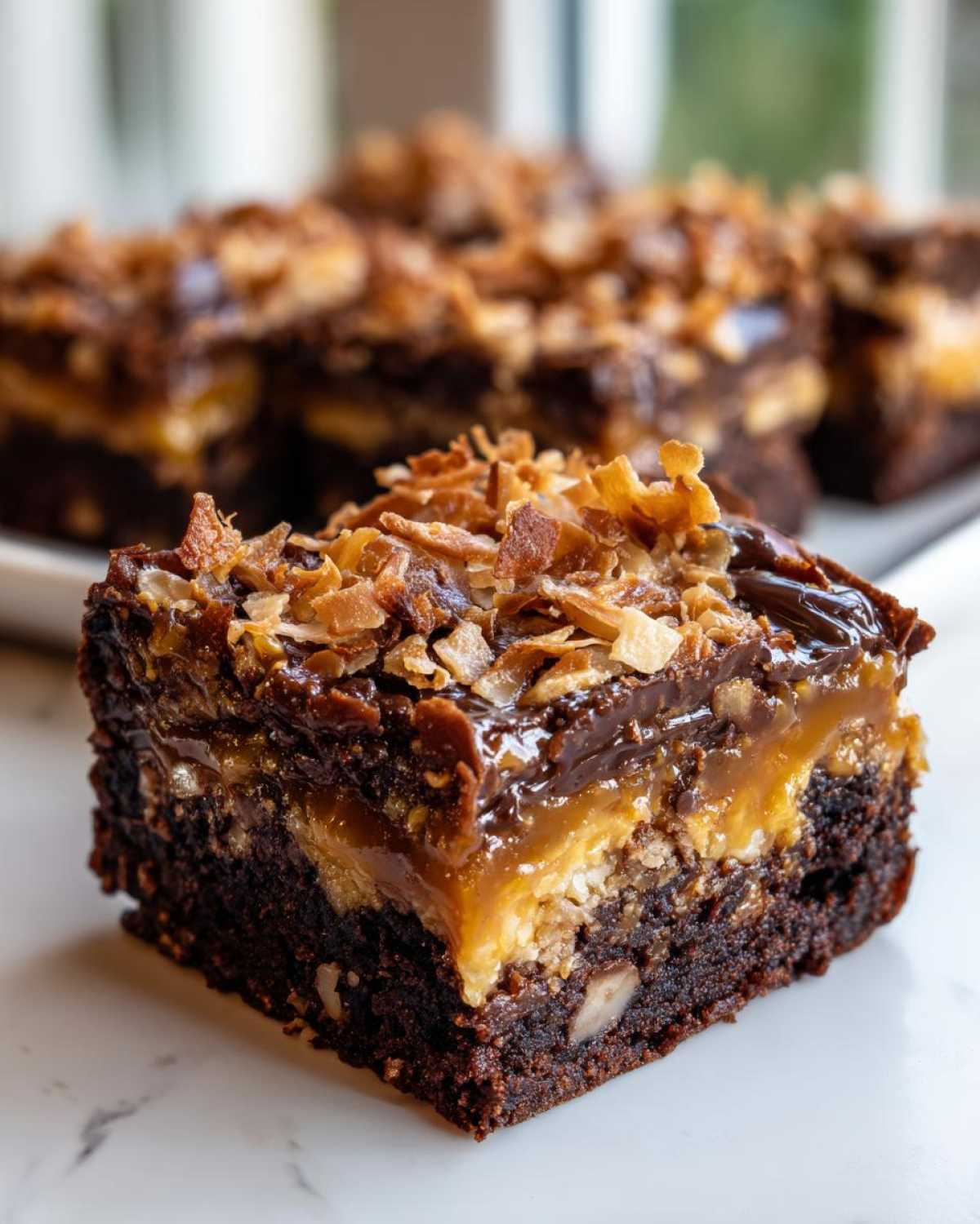 A decadent square of Samoa Box Mix Brownies featuring a thick brownie base, caramel layer, and toasted coconut topping.