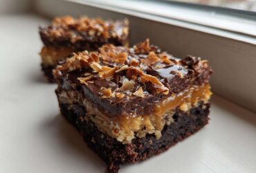 A decadent square of Samoa Box Mix Brownies showing layers of chocolate, caramel, and toasted coconut topping.