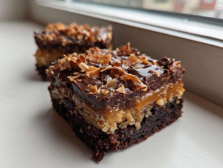 A decadent square of Samoa Box Mix Brownies showing layers of chocolate, caramel, and toasted coconut topping.