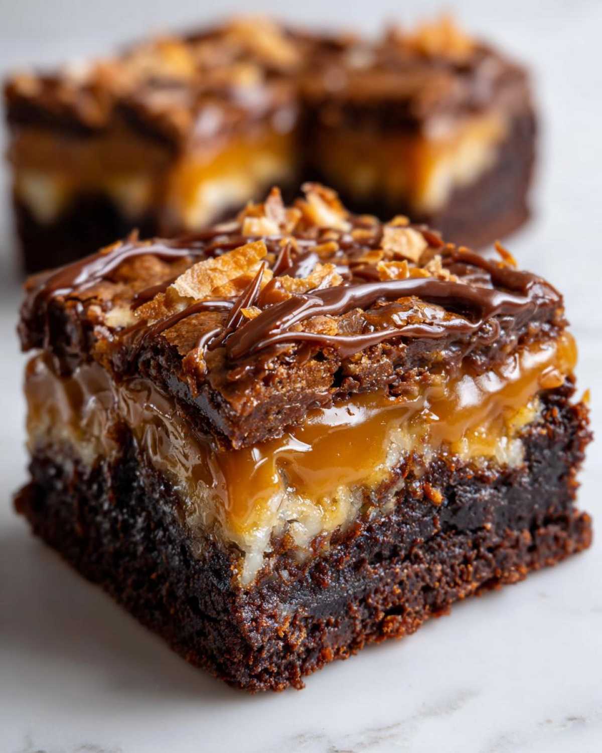 A decadent square of Samoa Box Mix Brownies showing layers of rich chocolate, gooey caramel, and toasted coconut topping.