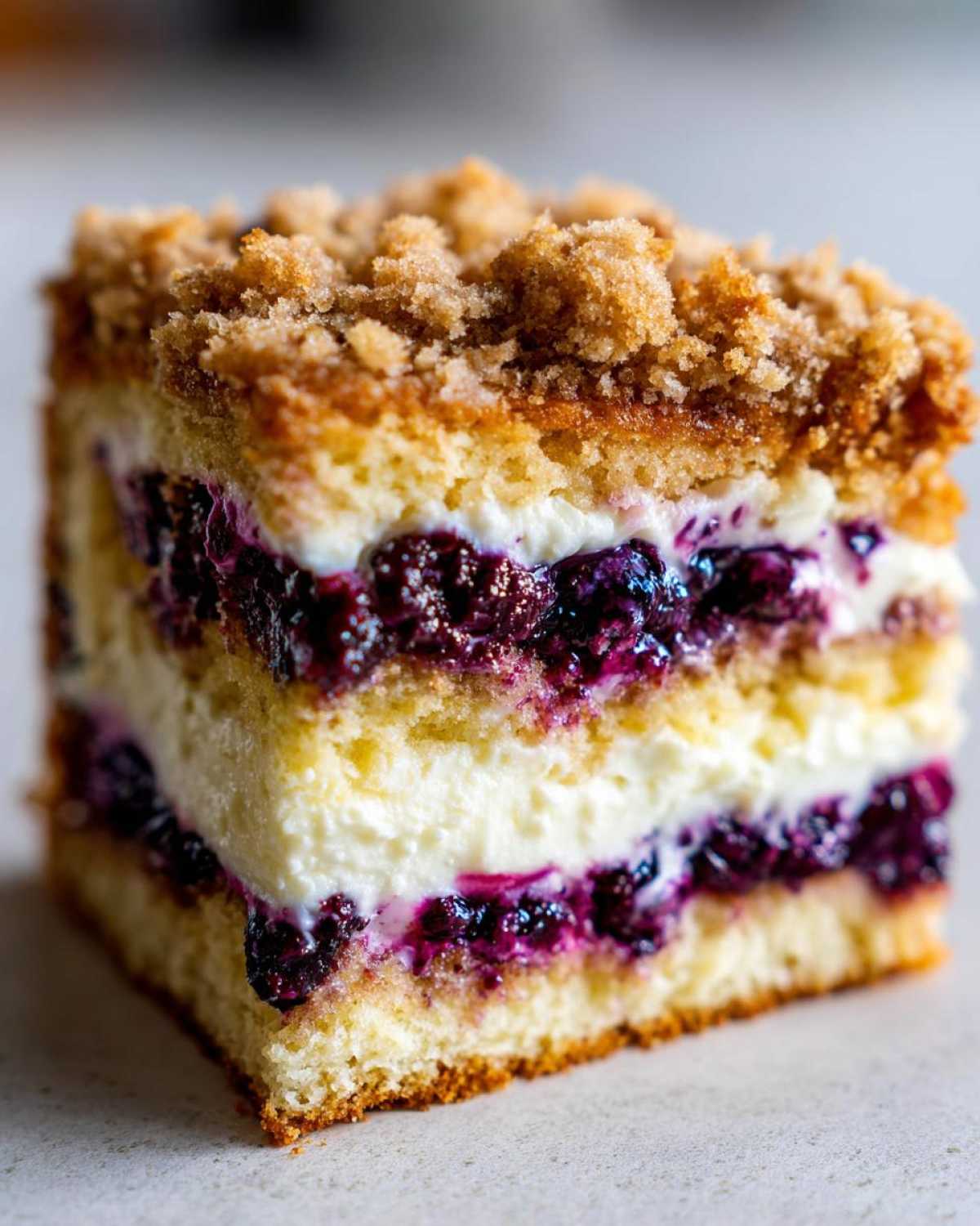 Close-up of a layered slice of Sherrys Blueberry Cream Cheese Crumb Cake showing cake, cream cheese, blueberries, and streusel topping.