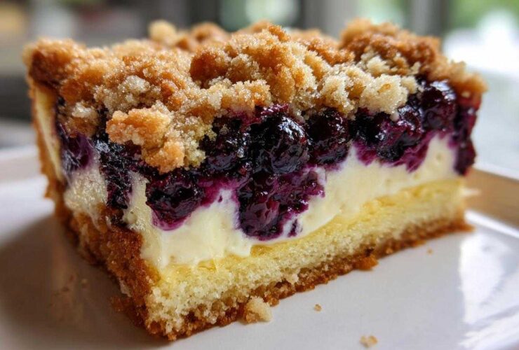 Close-up of a layered slice of Sherrys Blueberry Cream Cheese Crumb Cake showing cake base, cream cheese, blueberries, and crumb topping.