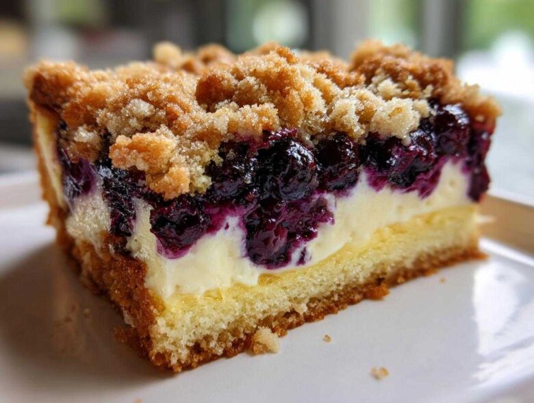 Close-up of a layered slice of Sherrys Blueberry Cream Cheese Crumb Cake showing cake base, cream cheese, blueberries, and crumb topping.