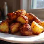 A pile of golden brown, crispy Simple Irish Roasted Potatoes served on a white plate, highlighted by natural light.