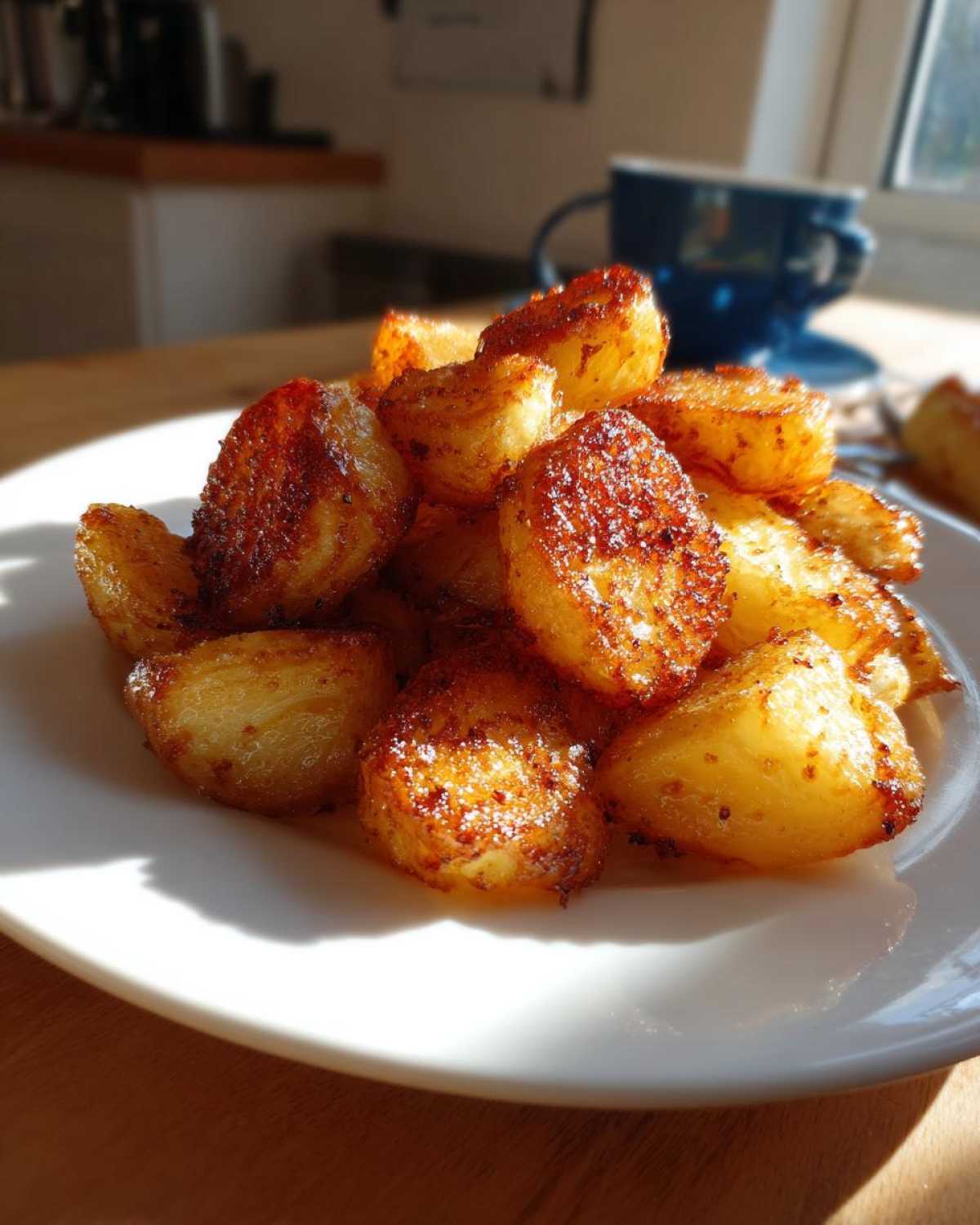 A close-up of golden brown, crispy Simple Irish Roasted Potatoes piled on a white plate in bright sunlight.