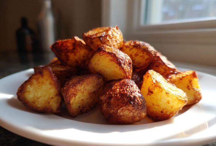 A pile of golden brown, crispy Simple Irish Roasted Potatoes served on a white plate, highlighted by natural light.