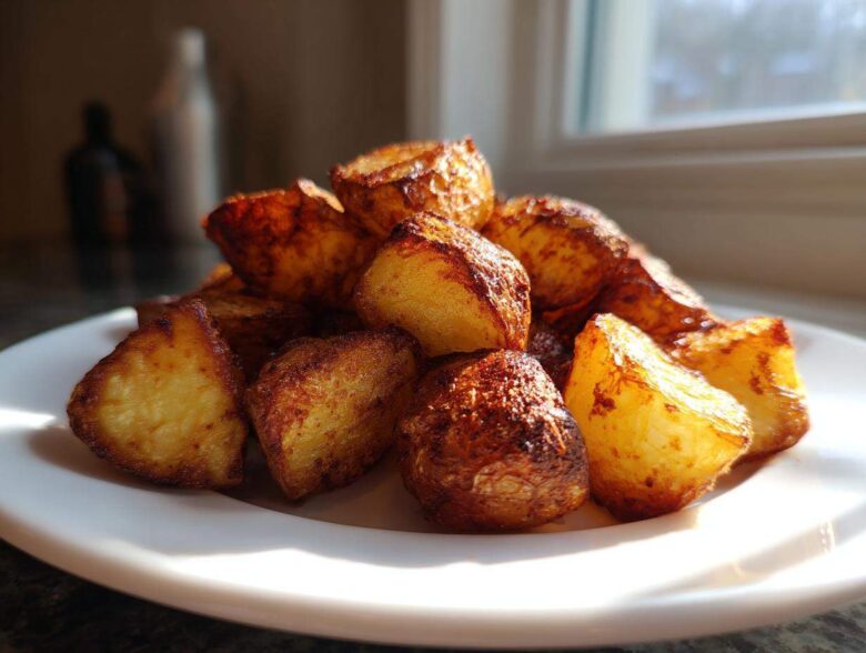 A pile of golden brown, crispy Simple Irish Roasted Potatoes served on a white plate, highlighted by natural light.