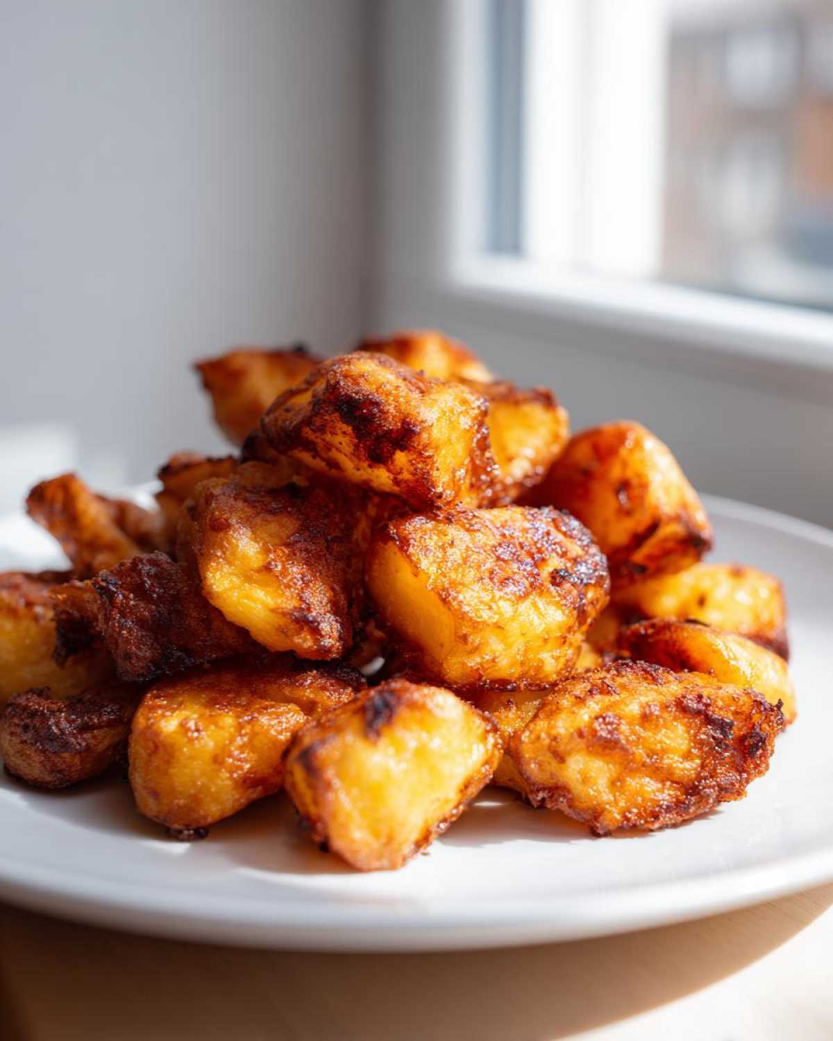 A mound of golden brown, crispy Simple Irish Roasted Potatoes piled high on a white plate.