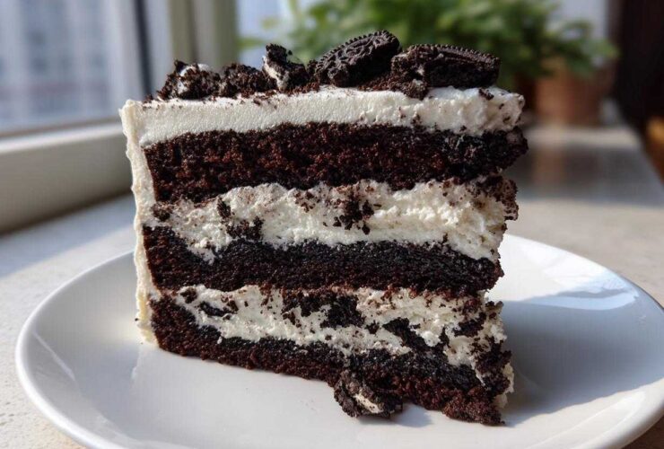 A tall slice of Cookies and Cream Cake with dark chocolate layers and white frosting, topped with cookie pieces.