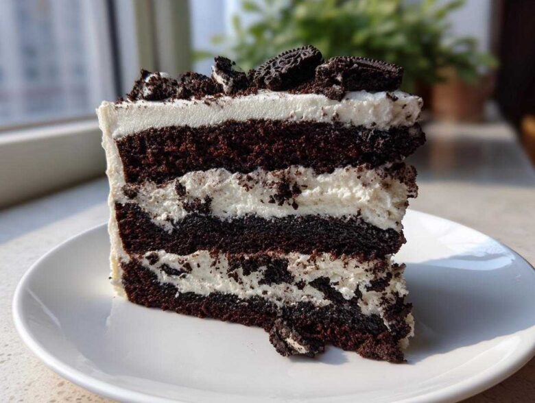 A tall slice of Cookies and Cream Cake with dark chocolate layers and white frosting, topped with cookie pieces.