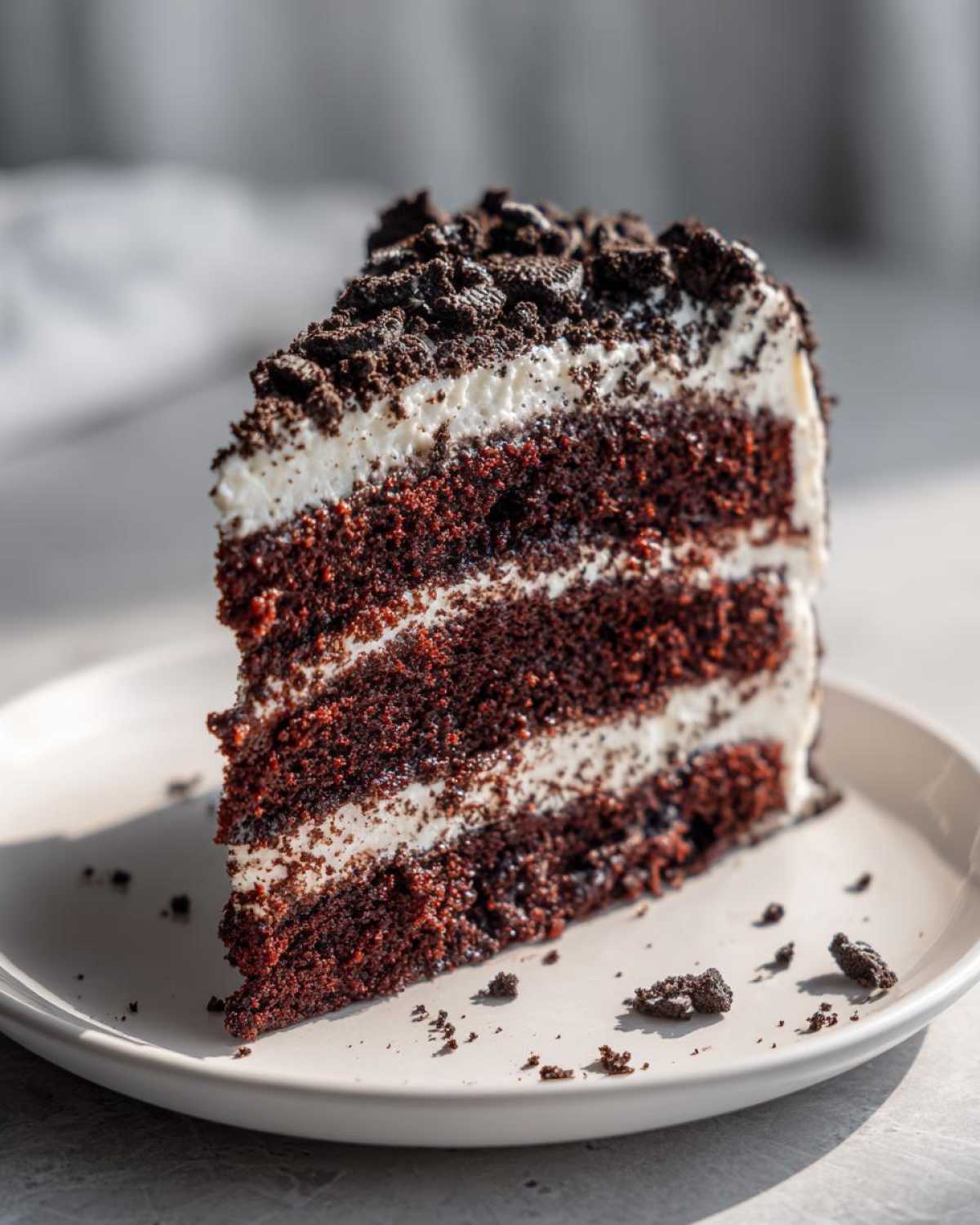 A decadent slice of Cookies and Cream Cake featuring dark chocolate layers, white frosting, and crushed cookie topping.