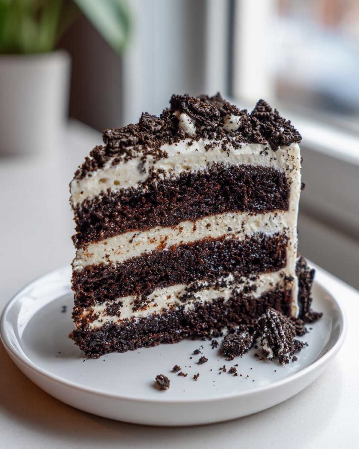 A tall slice of Cookies and Cream Cake with four dark chocolate layers and white frosting, topped with cookie crumbs.