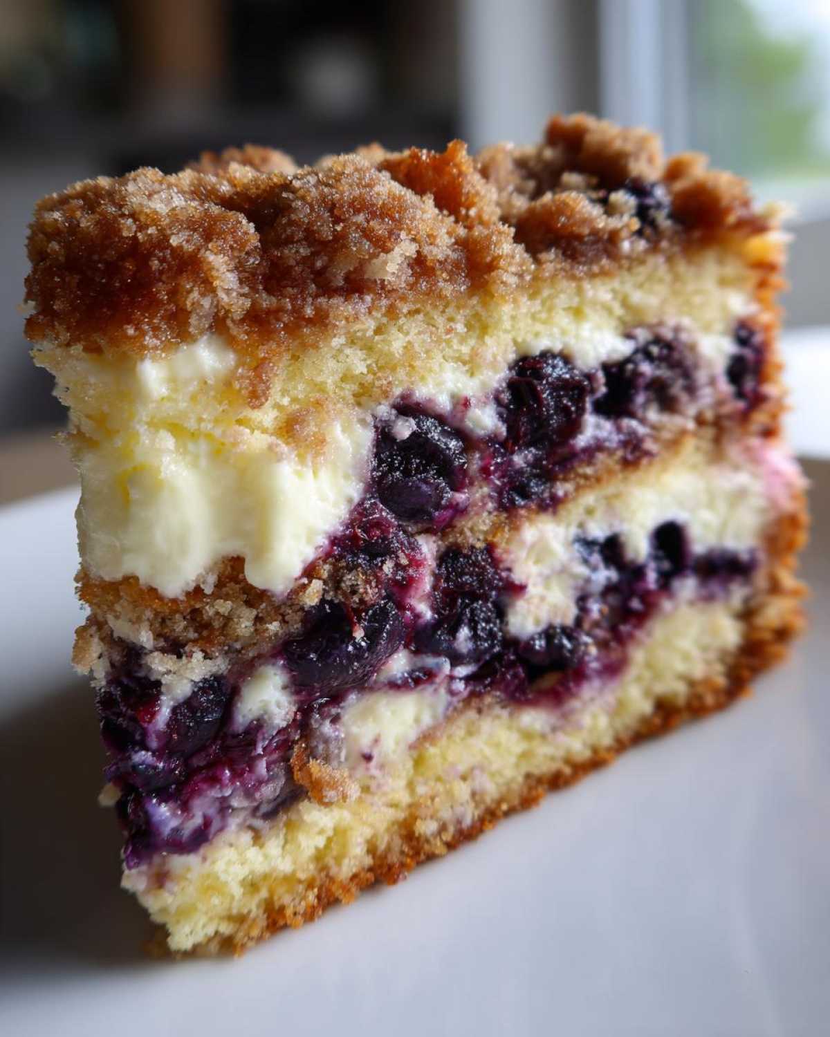 Close-up of a decadent slice of Sherrys Blueberry Cream Cheese Crumb Cake showing layers of cake, cream cheese filling, and blueberries.